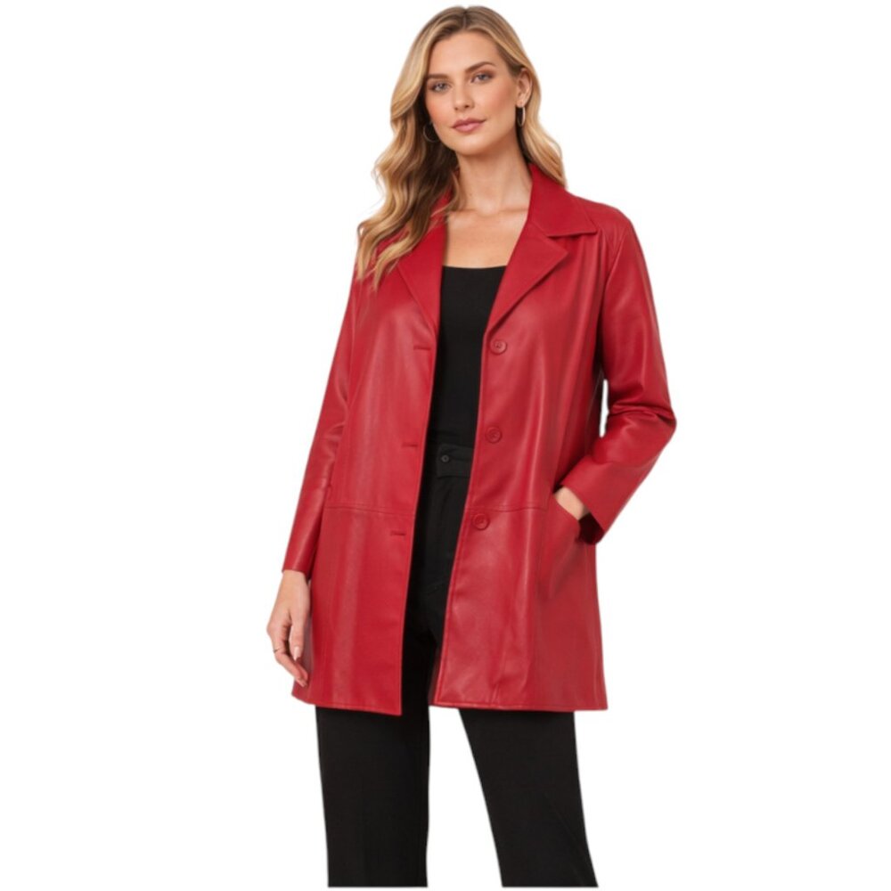 TIBCA Leathers Red Genuine Leather Blazer Jacket 14P Petite Luxury Coat
